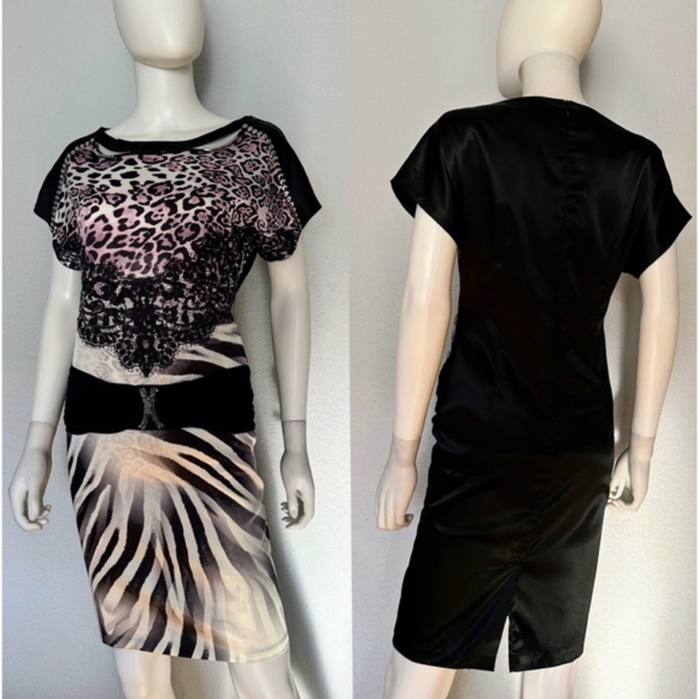 NWT POLEN POE SATIN FORMAL DRESS RAGLAN‎ SHORT SLEEVES ANIMAL PRINT SILK GOWN